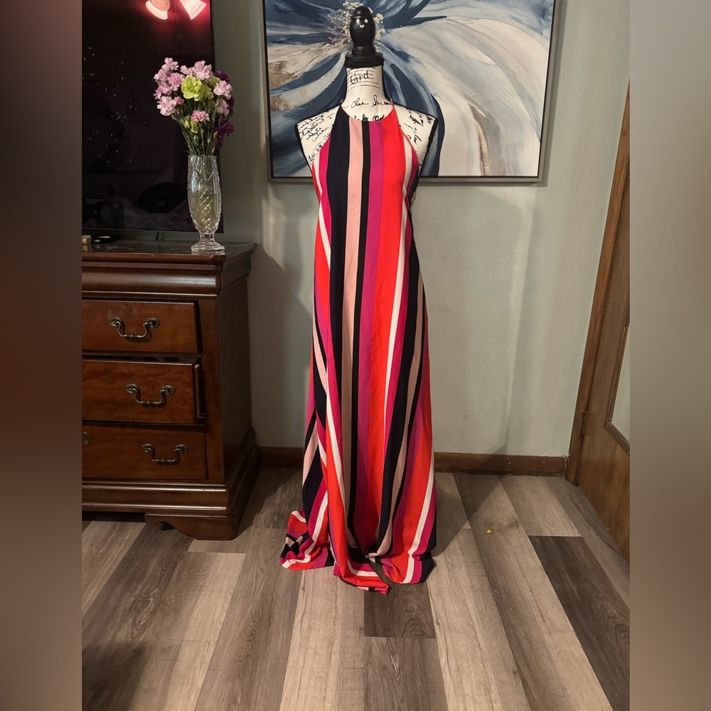 Bright & Beautiful! Vici Backless, Halter Dress with Slimming Vertical Lines